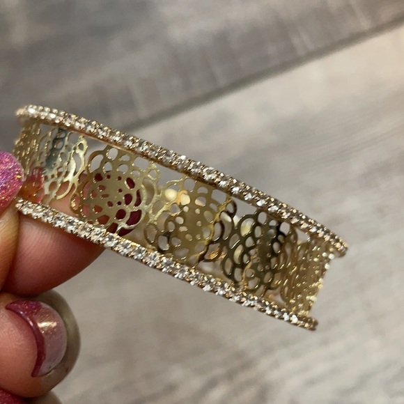 Gold Camellia Flower Rhinestone Cuff Bracelet - Picture 9 of 12